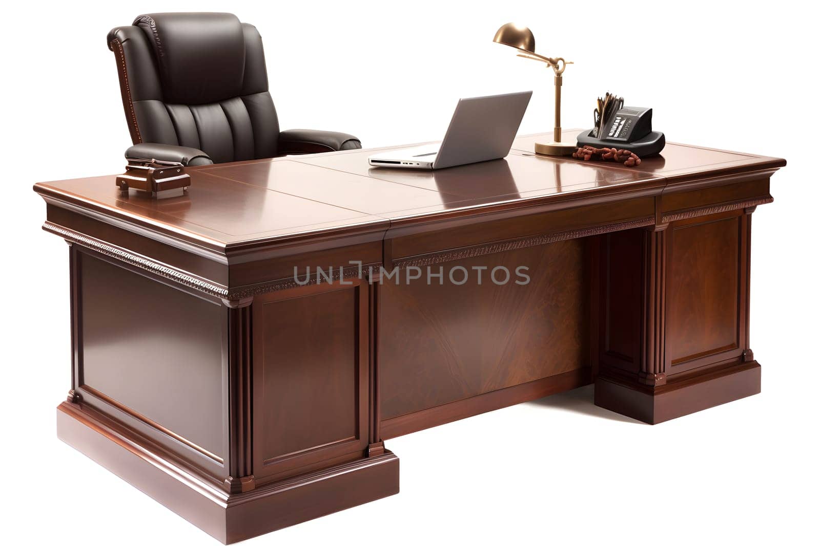 Heavy wooden executive desk with armchair isolated on white background. Neural network generated in May 2023. Not based on any actual person, scene or pattern.