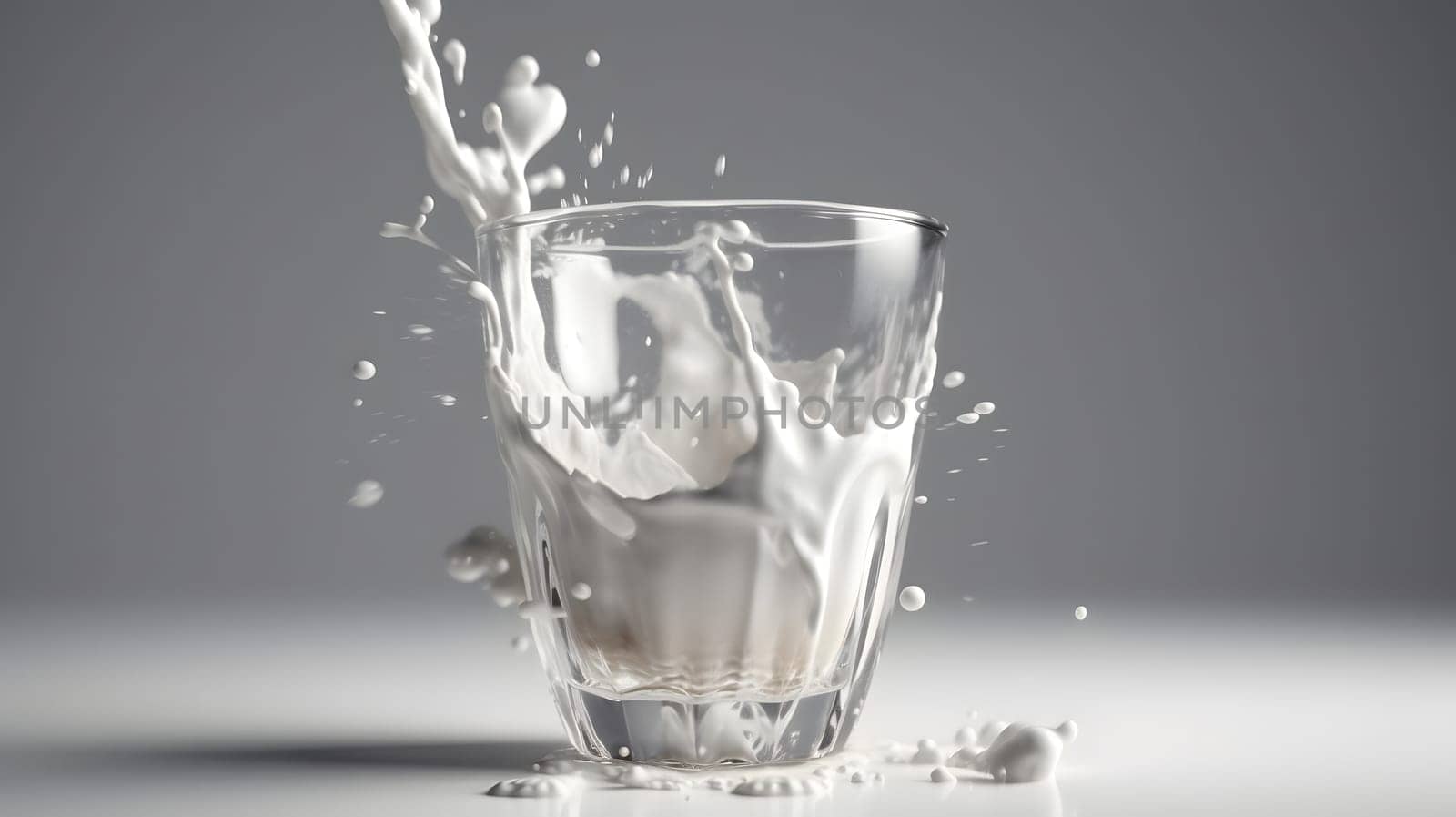 glass of milk with crown of splashes on grey background, neural network generated image by z1b