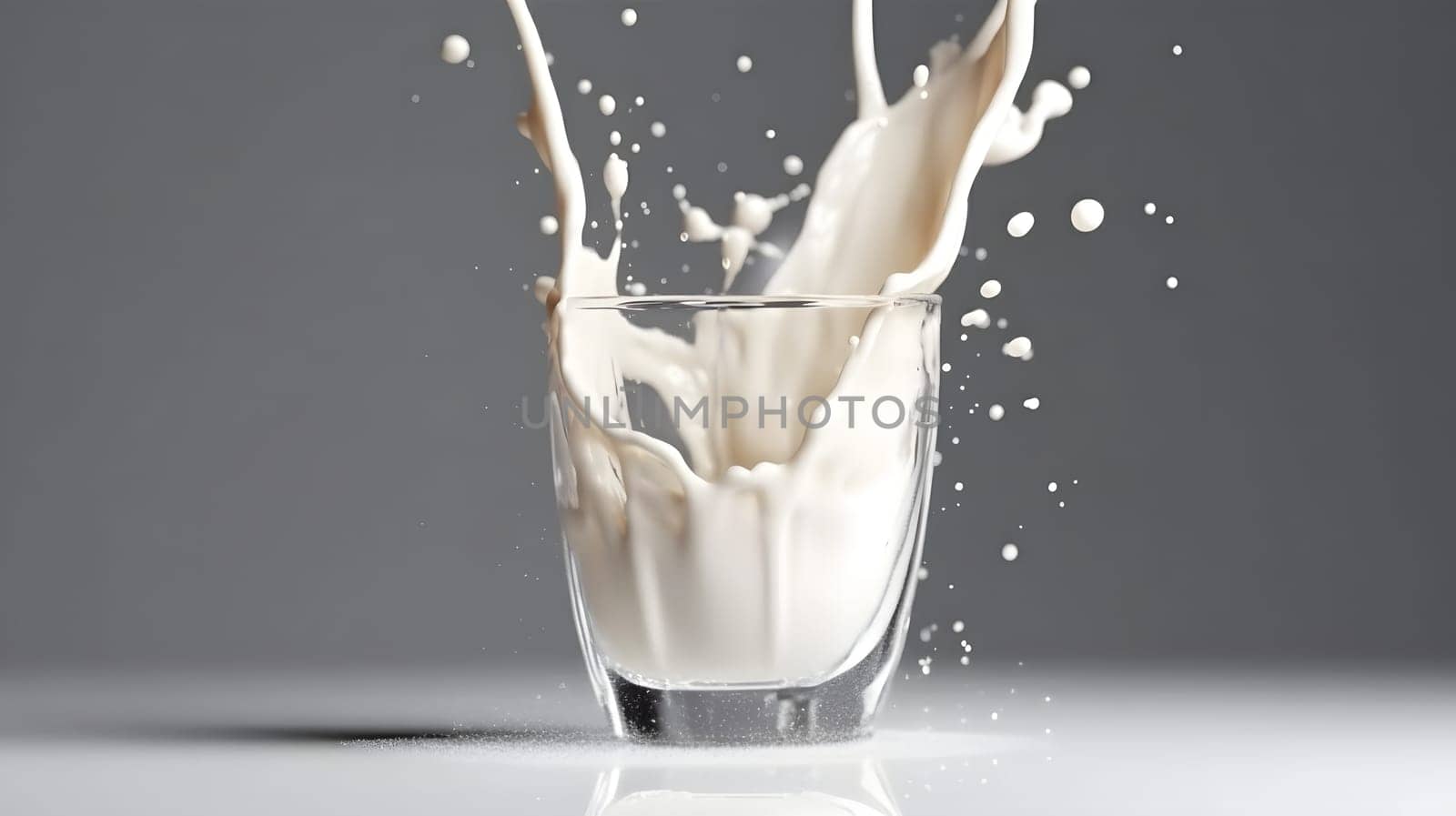 glass of milk with crown of splashes on grey background. Neural network generated in May 2023. Not based on any actual person, scene or pattern.