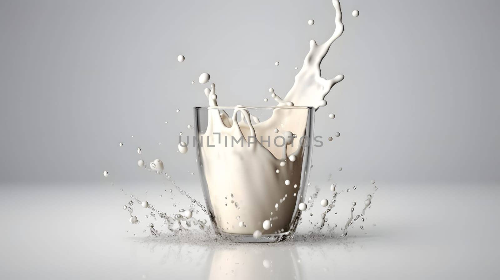 glass of milk with crown of splashes on grey background. Neural network generated in May 2023. Not based on any actual person, scene or pattern.