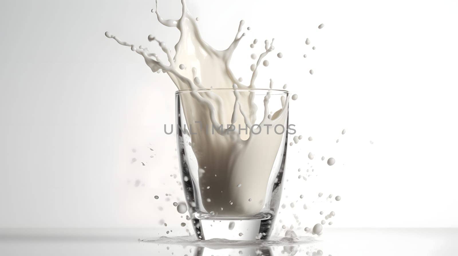 glass of milk with crown of splashes on white background. Neural network generated in May 2023. Not based on any actual person, scene or pattern.