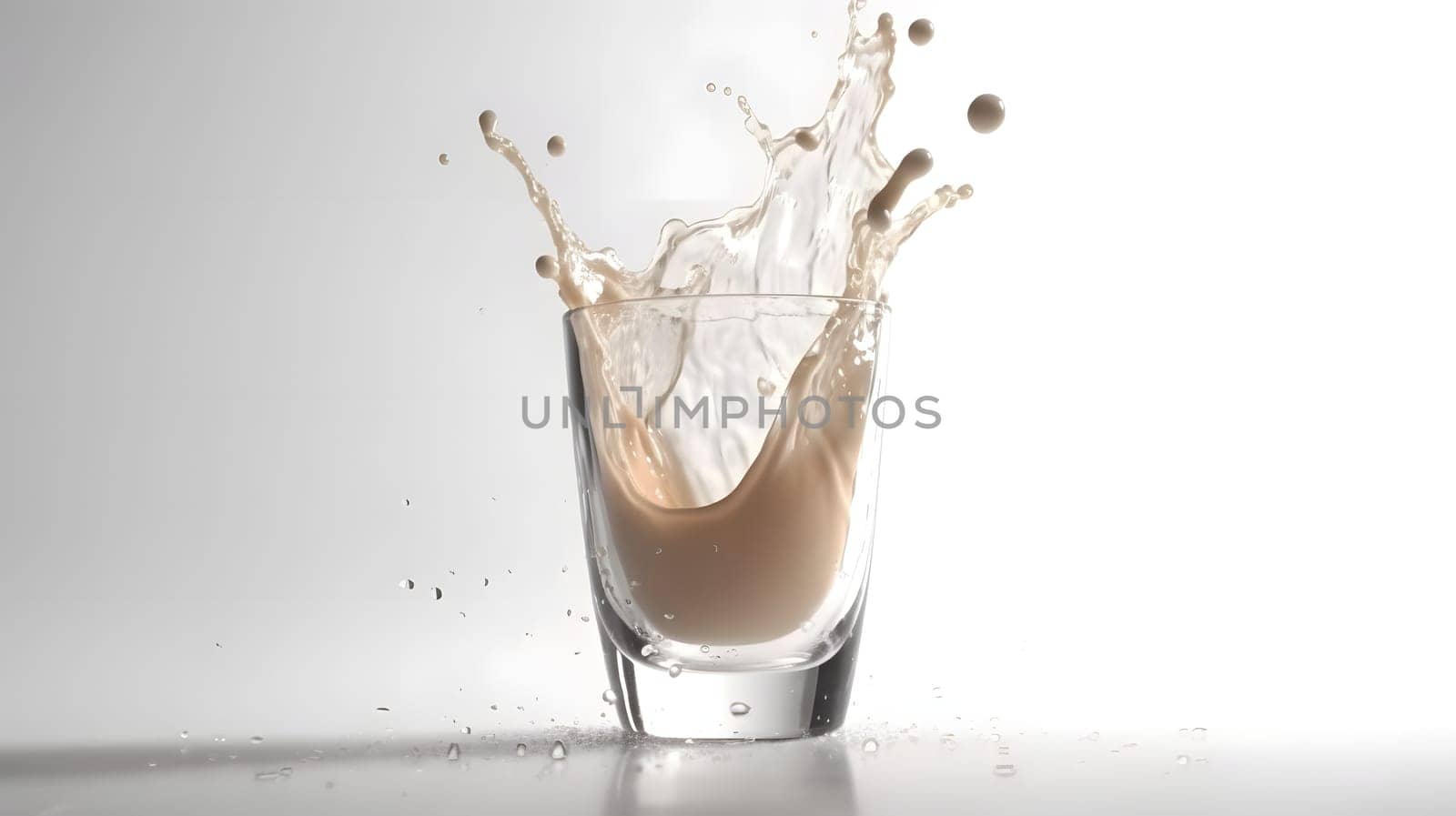 glass of milk with crown of splashes on white background. Neural network generated in May 2023. Not based on any actual person, scene or pattern.