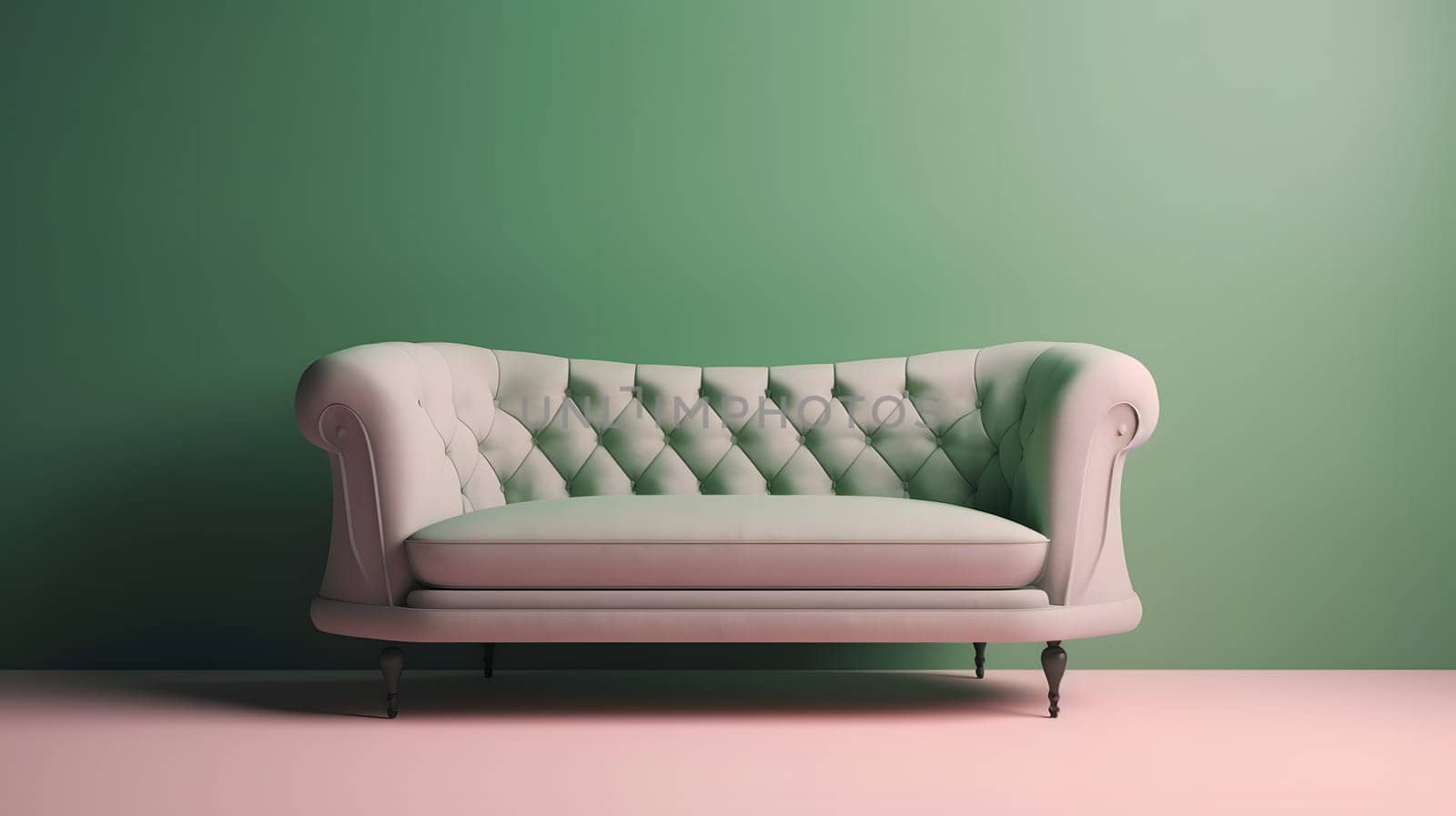 Minimalist pistachio-green sofa on light pink wall background. Neural network generated in May 2023. Not based on any actual scene or pattern.