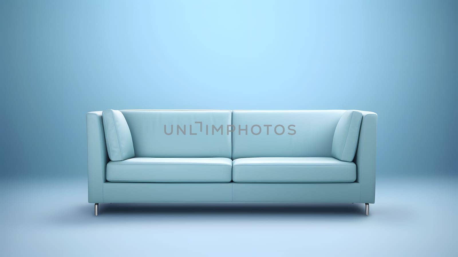 Minimalist light-blue sofa on light blue background. Neural network generated in May 2023. Not based on any actual scene or pattern.