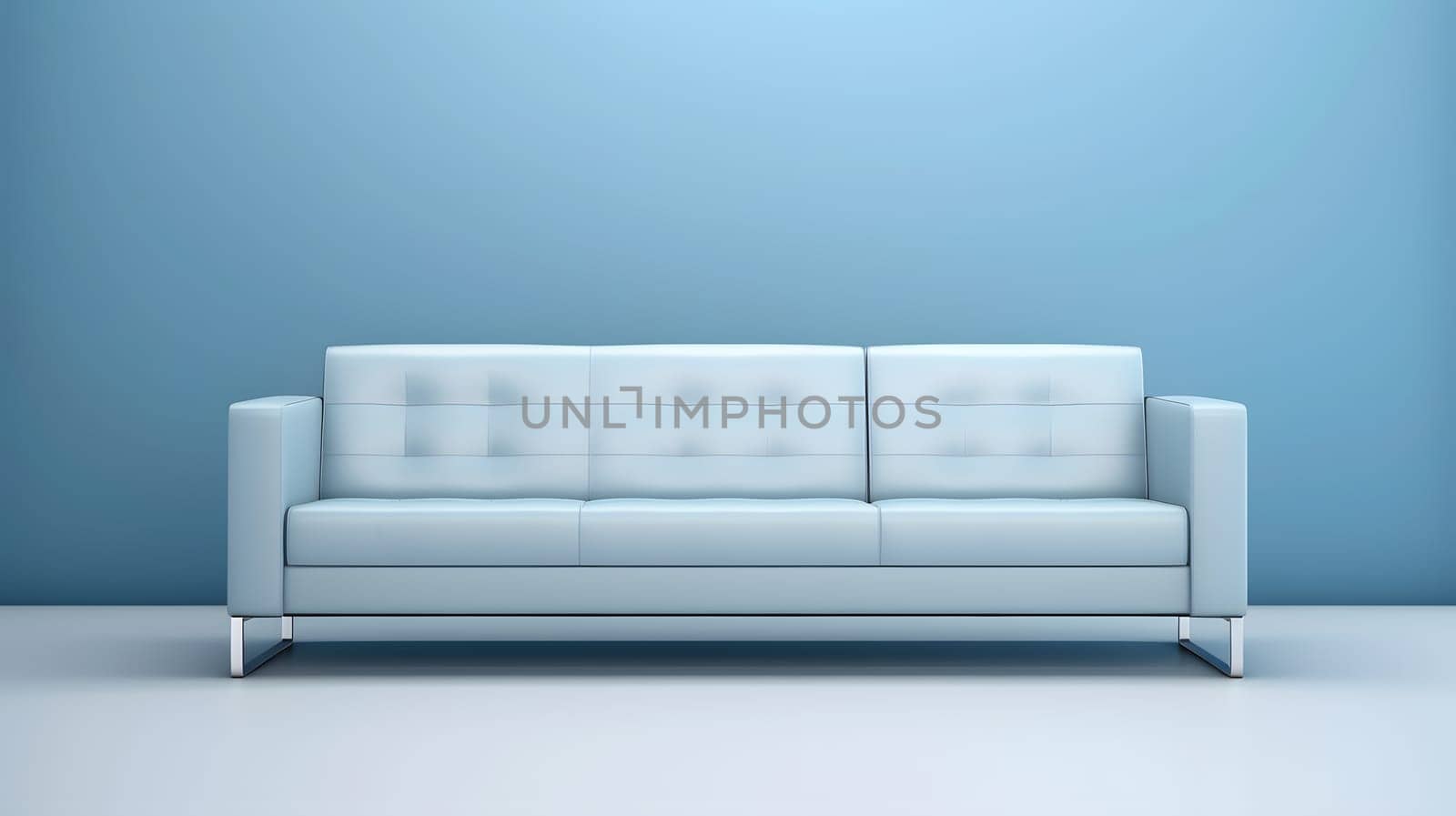 Minimalist light-blue sofa on light blue background. Neural network generated in May 2023. Not based on any actual scene or pattern.