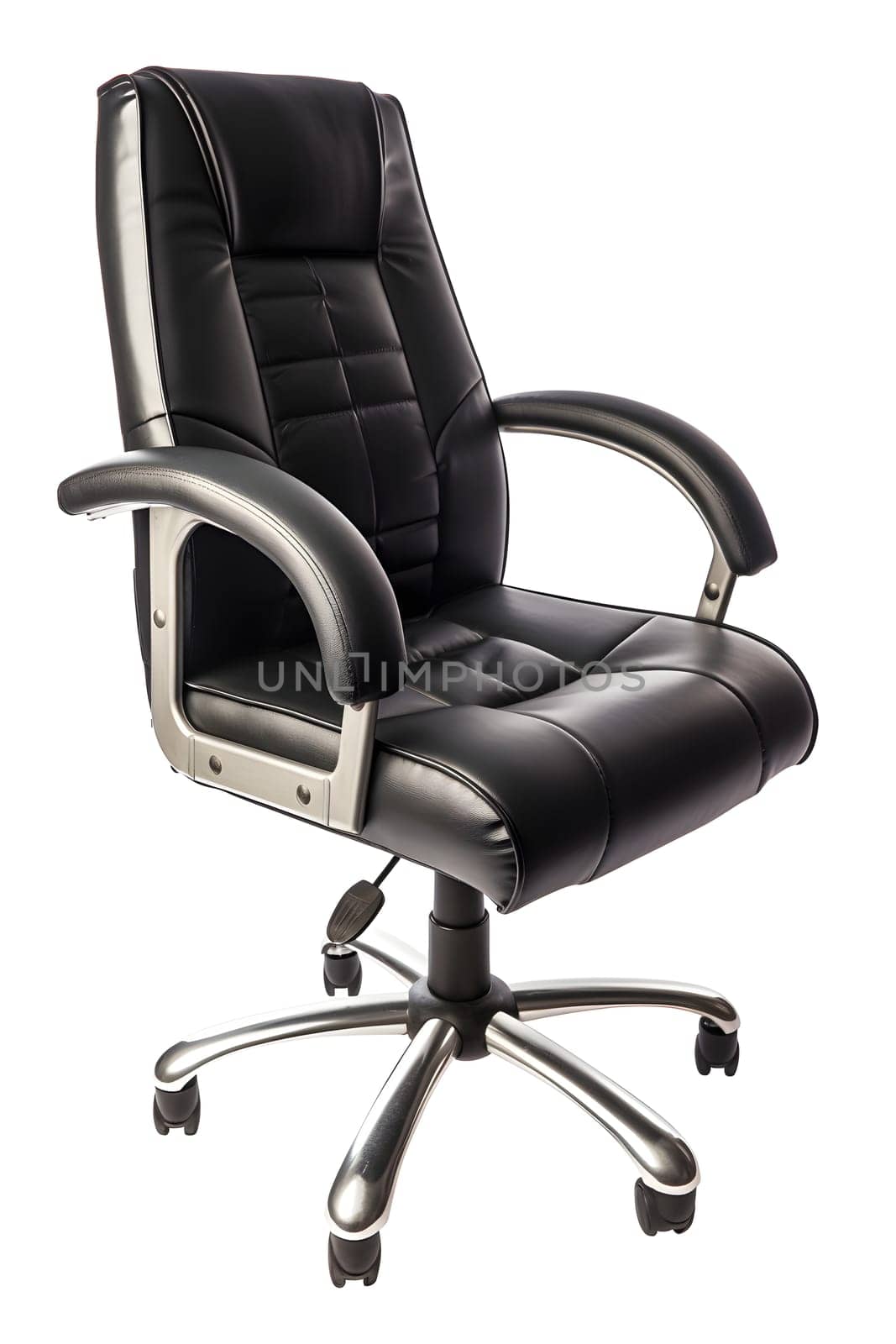 Black leather office chair isolated on white background. Neural network generated in May 2023. Not based on any actual person, scene or pattern.