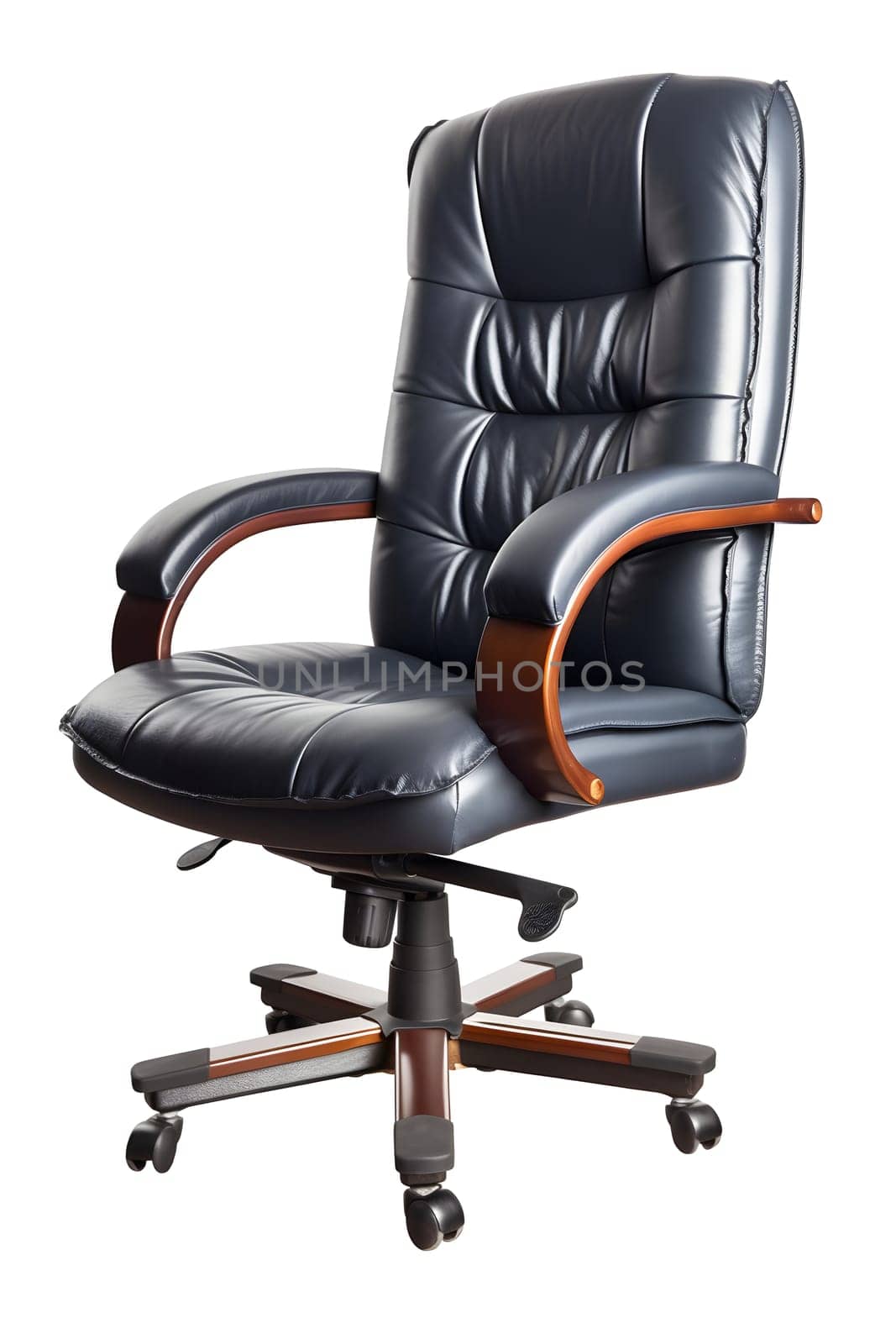 Black leather office chair isolated on white background. Neural network generated in May 2023. Not based on any actual person, scene or pattern.