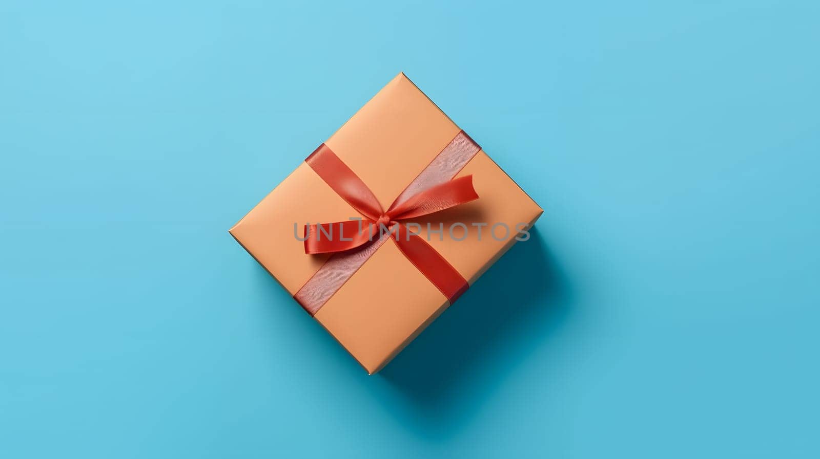 One gift box in craft wrapping paper and red satin ribbon with bow on light blue clean flat surface background. Neural network generated in May 2023. Not based on any actual person, scene or pattern.