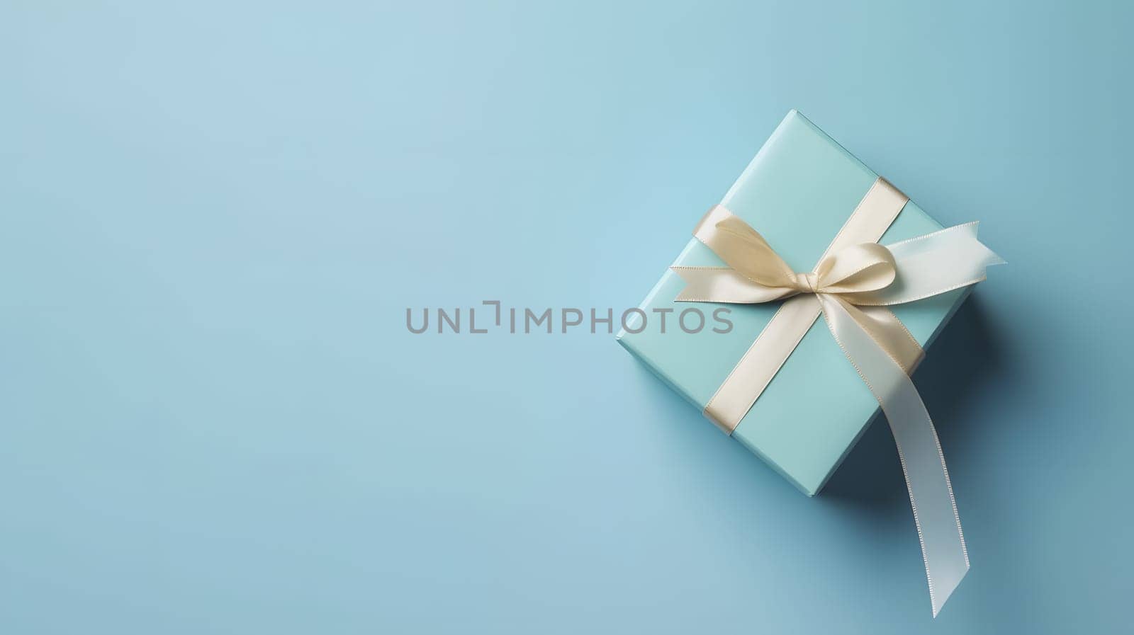 One gift box in craft wrapping paper and white satin ribbon with bow on light blue clean flat surface background. Neural network generated in May 2023. Not based on any actual person, scene or pattern.