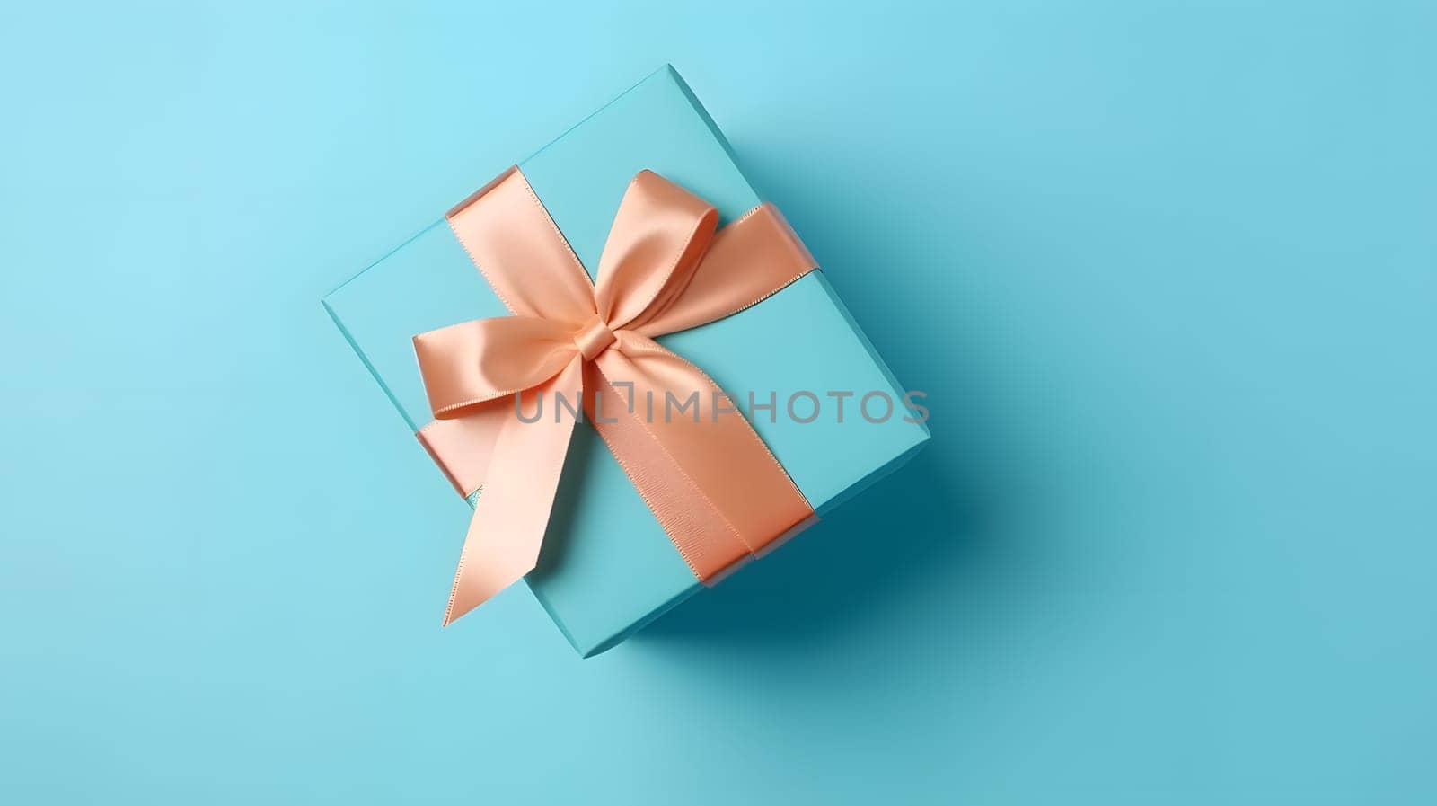 One gift box in craft wrapping paper and peachy satin ribbon with bow on light blue clean flat surface background. Neural network generated in May 2023. Not based on any actual person, scene or pattern.