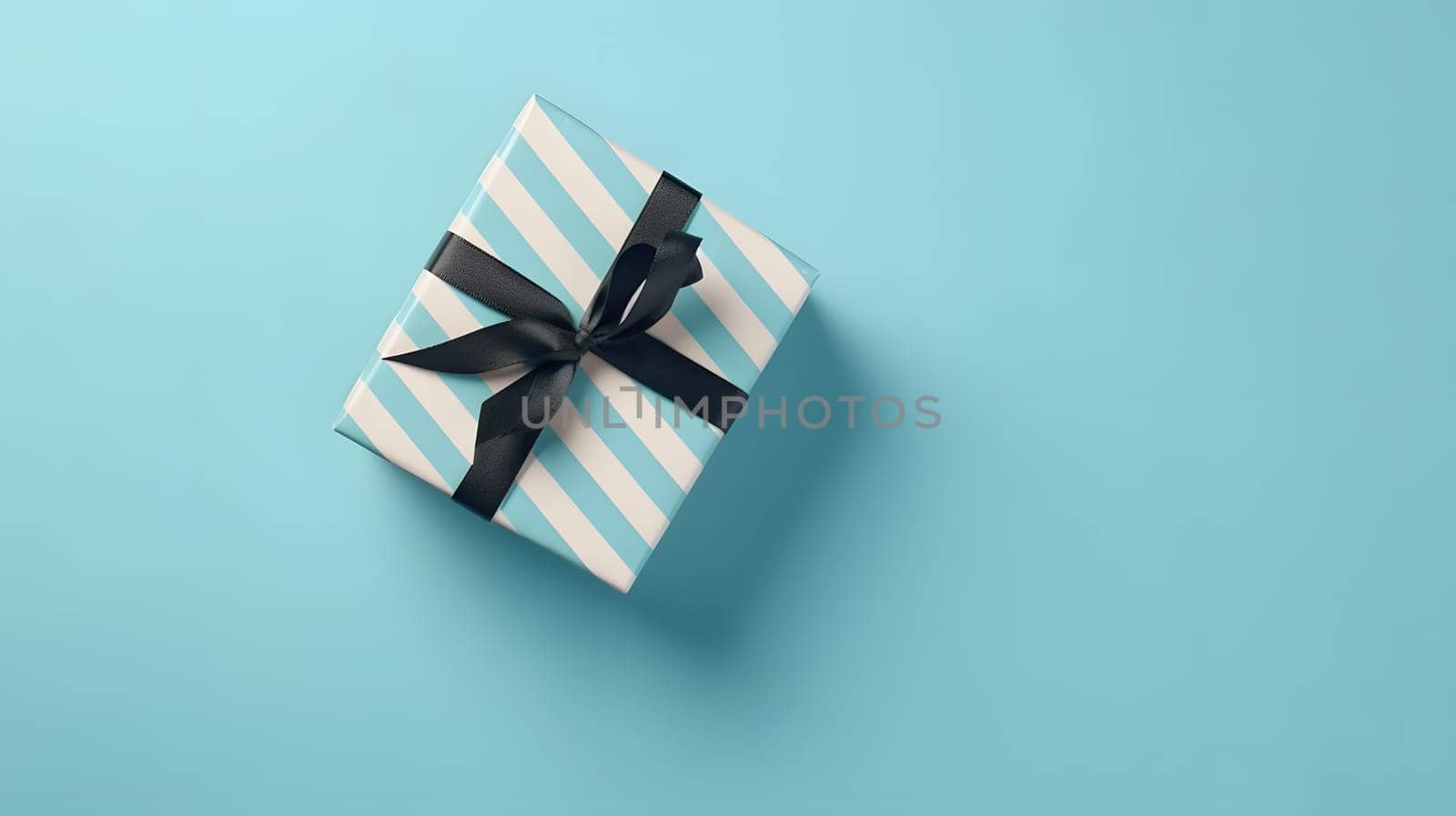 One gift box in craft wrapping paper and black satin ribbon with bow on light blue clean flat surface background. Neural network generated in May 2023. Not based on any actual person, scene or pattern.