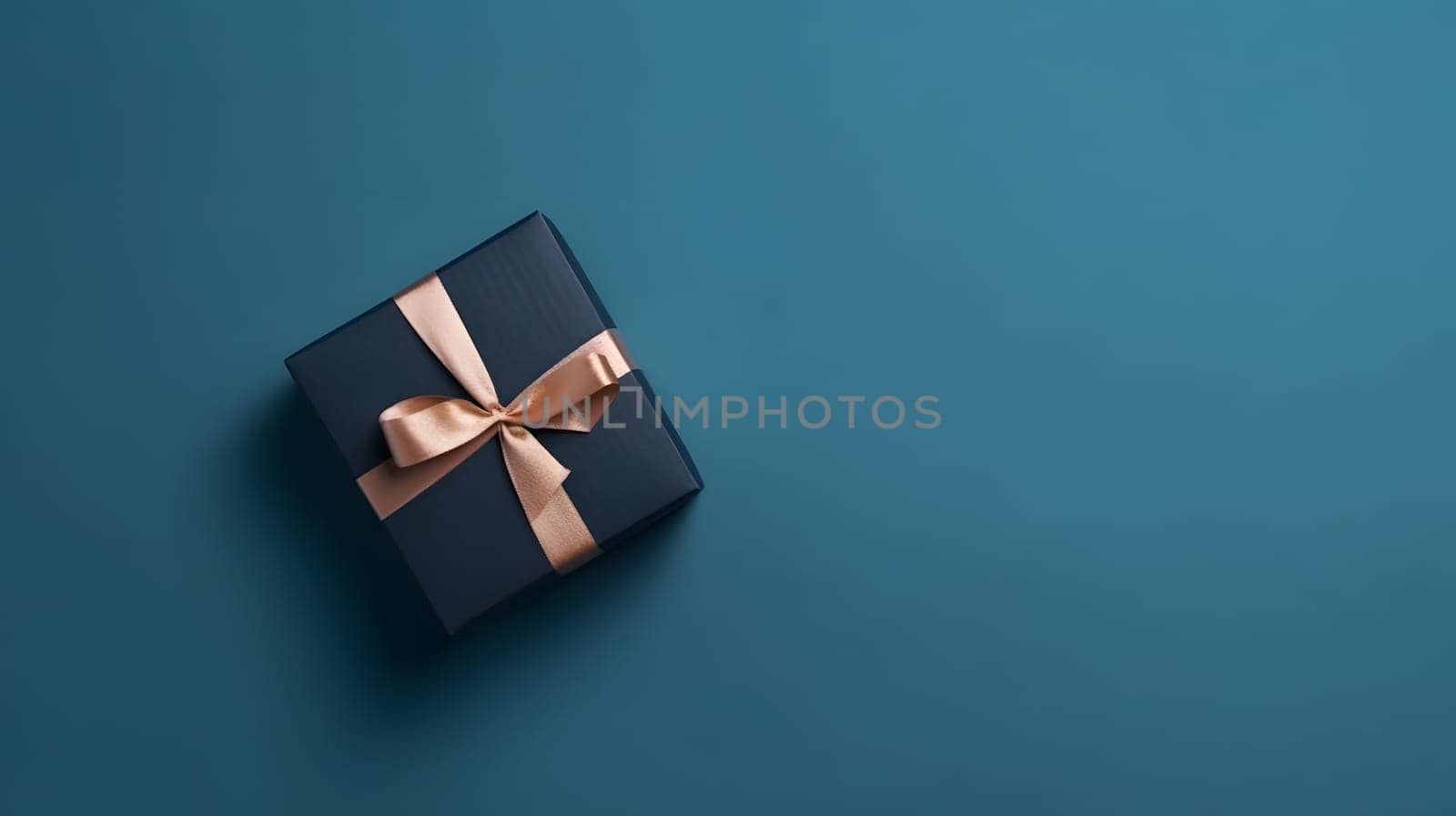 One dark blue gift box in craft wrapping paper and peachy satin ribbon with bow on light blue clean flat surface background. Neural network generated in May 2023. Not based on any actual person, scene or pattern.