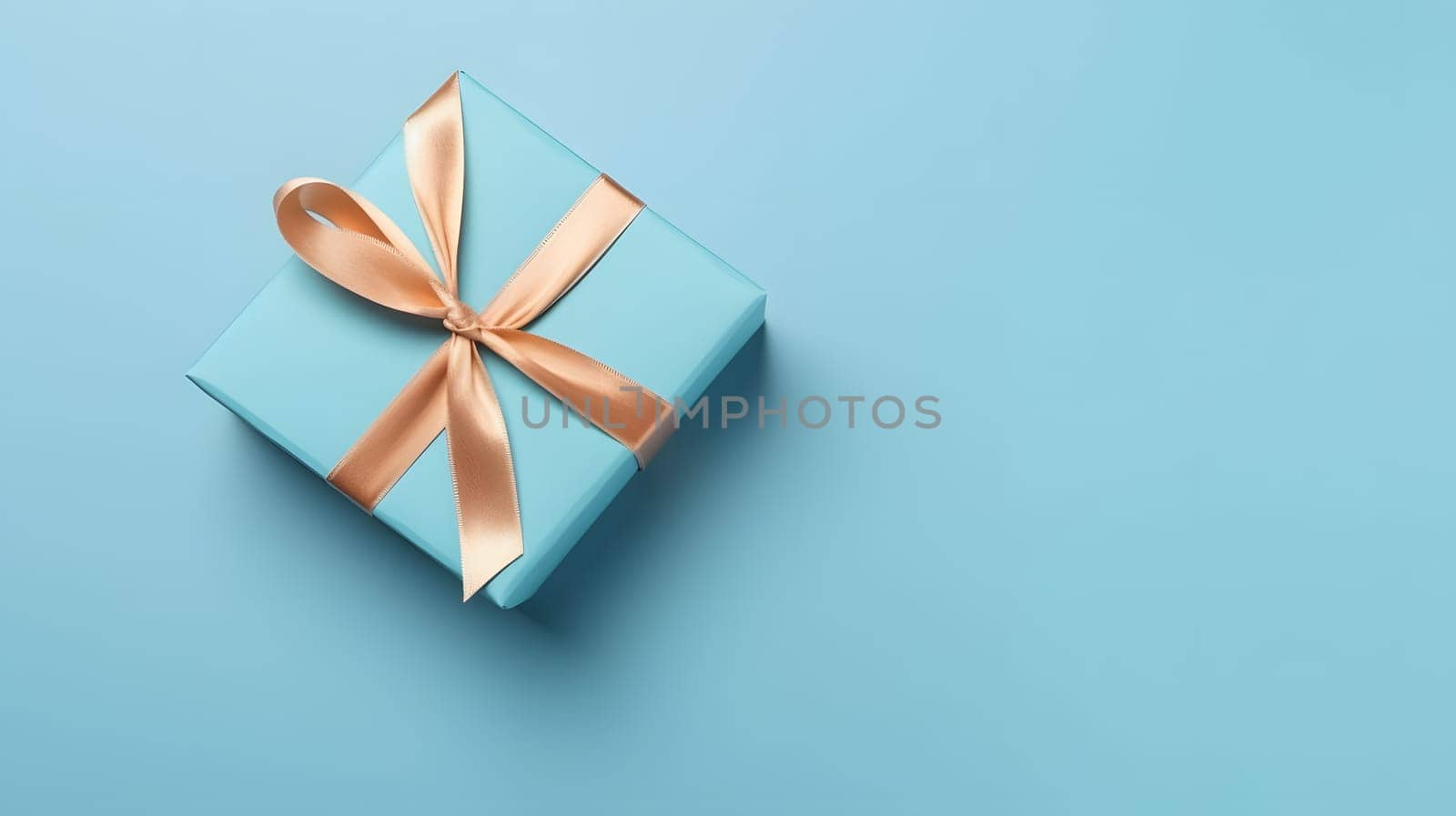 One gift box in craft wrapping paper and satin ribbon with bow on light blue clean flat surface background. Neural network generated in May 2023. Not based on any actual person, scene or pattern.