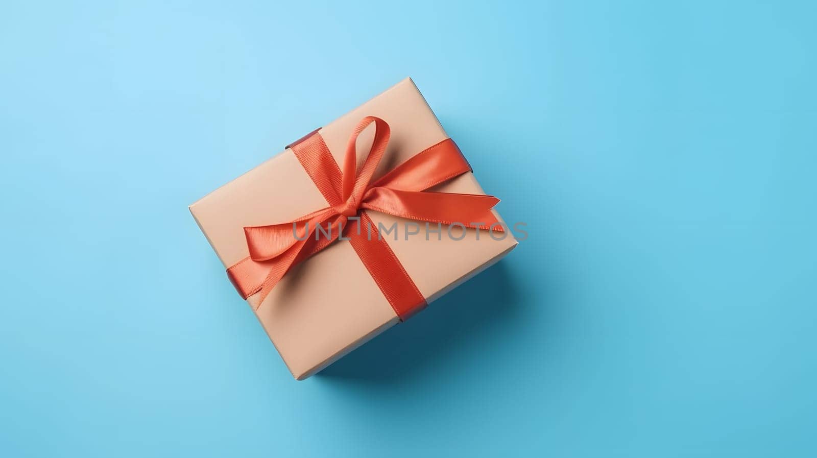 One gift box in craft wrapping paper and red satin ribbon with bow on light blue clean flat surface background. Neural network generated in May 2023. Not based on any actual person, scene or pattern.