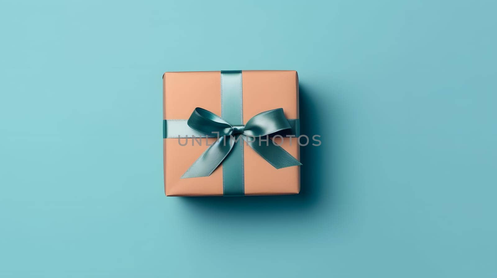 One gift box in craft wrapping paper and satin ribbon with bow on light blue clean flat surface background. Neural network generated in May 2023. Not based on any actual person, scene or pattern.