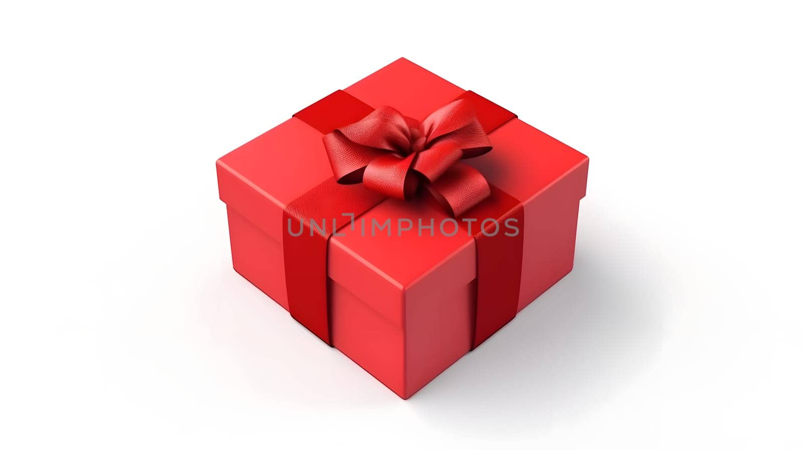 One red gift box in craft wrapping paper and red satin ribbon with bow on white clean flat surface background. Neural network generated in May 2023. Not based on any actual person, scene or pattern.