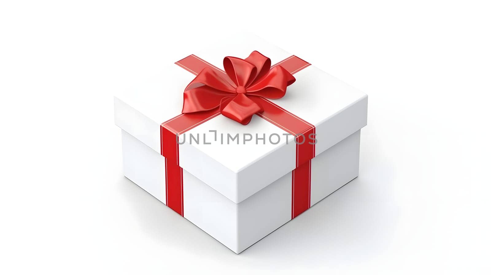 One white gift box in craft wrapping paper and red satin ribbon with bow on white clean flat surface background. Neural network generated in May 2023. Not based on any actual person, scene or pattern.