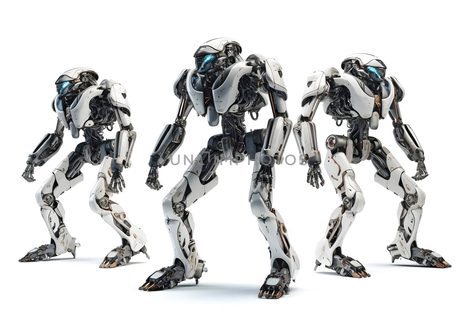 group of three futuristic high-tech humanoid anthropomorphic robots on white background. Neural network generated in May 2023. Not based on any actual object, scene or pattern.