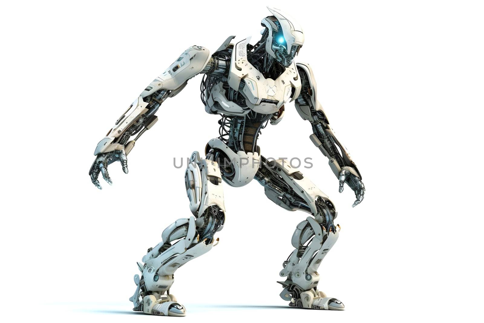 futuristic high-tech humanoid anthropomorphic robot isolated on white background. Neural network generated in May 2023. Not based on any actual object, scene or pattern.