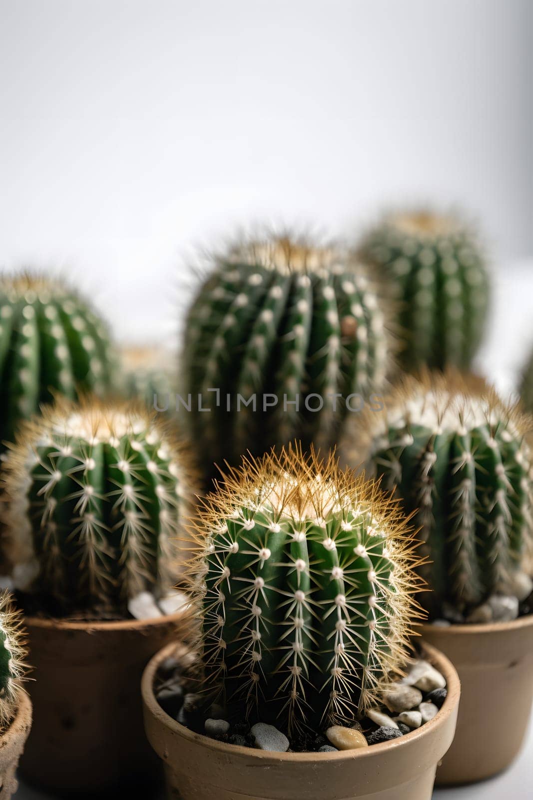 group of several round indoor plant cactuses in pot on white background. Neural network generated in May 2023. Not based on any actual object, scene or pattern.
