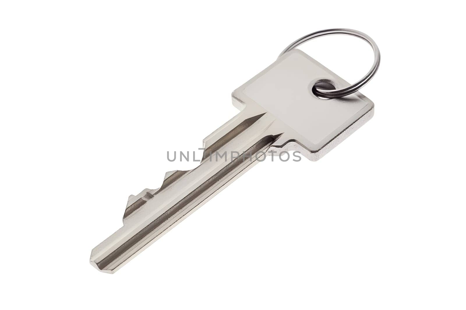 one simple silver metal key with ring isolated on white background, neural network generated image by z1b