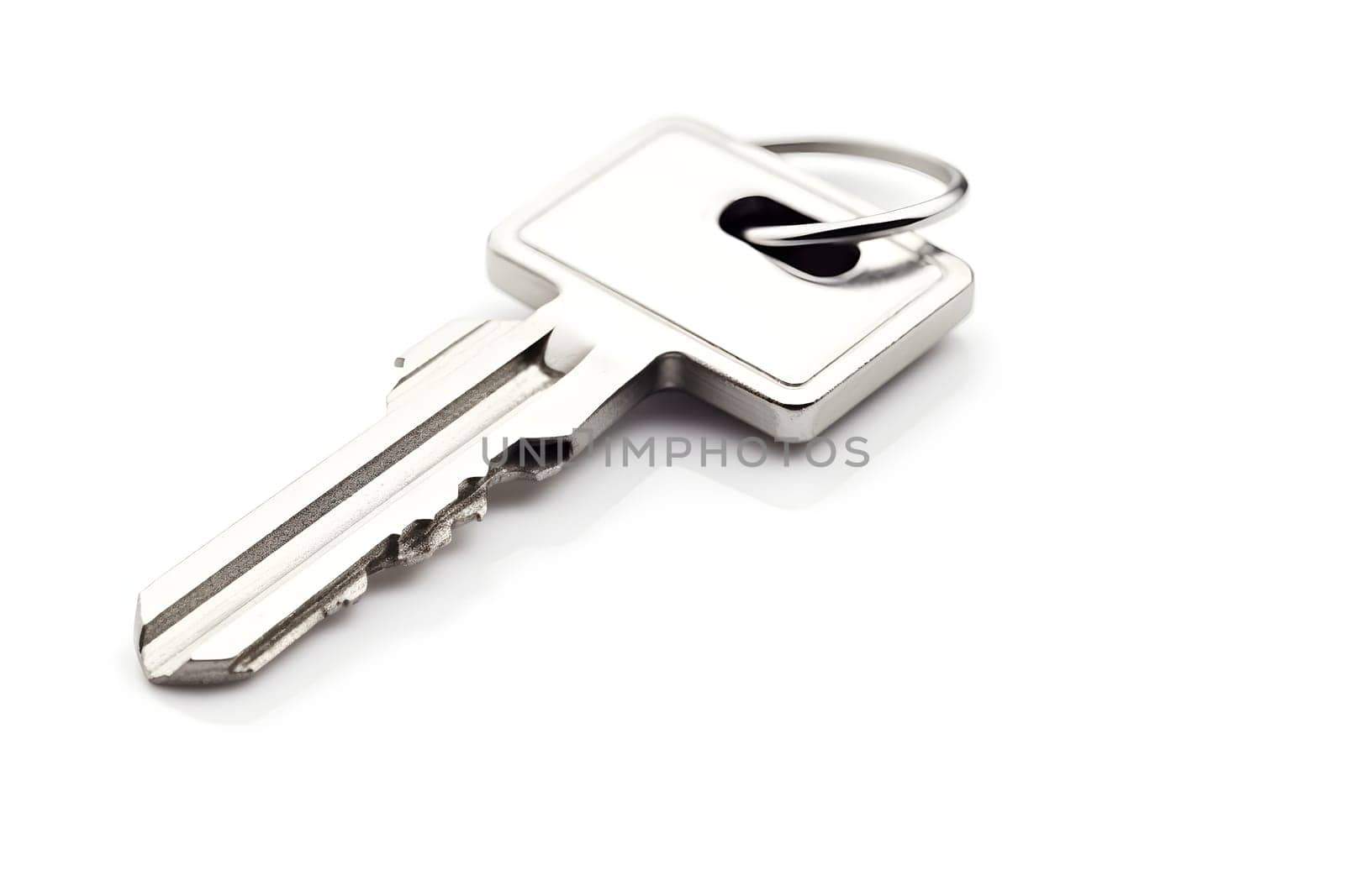 one simple silver metal key with ring isolated on white background, neural network generated image by z1b