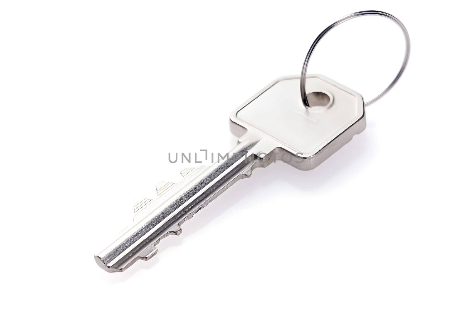 one simple silver metal key with ring isolated on white background. Neural network generated in May 2023. Not based on any actual object, scene or pattern.