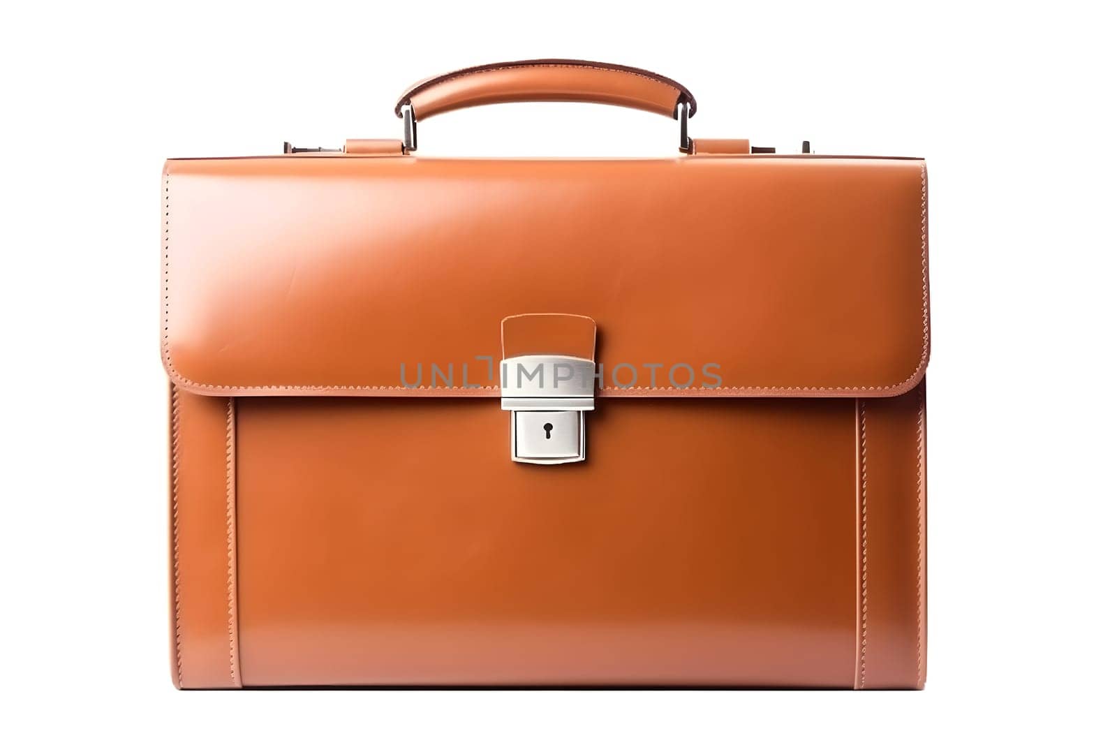 Closed generic brown leather briefcase isolated on white background, ront view. Neural network generated in May 2023. Not based on any actual object, scene or pattern.