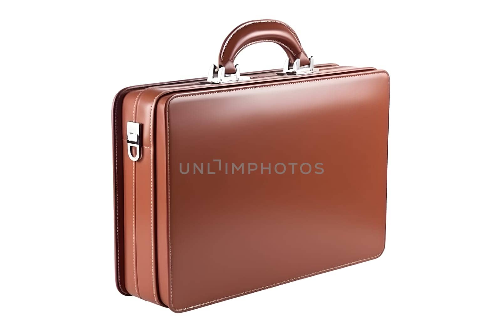 brown leather briefcase isolated on white background, perspective three quarter view, neural network generated image by z1b