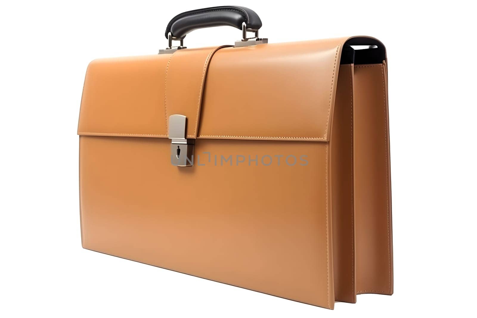 Closed generic brown leather briefcase isolated on white background, perspective three quarter view. Neural network generated in May 2023. Not based on any actual object, scene or pattern.