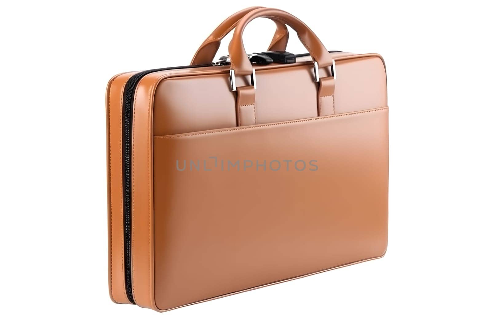 brown leather briefcase isolated on white background, perspective three quarter view, neural network generated image by z1b