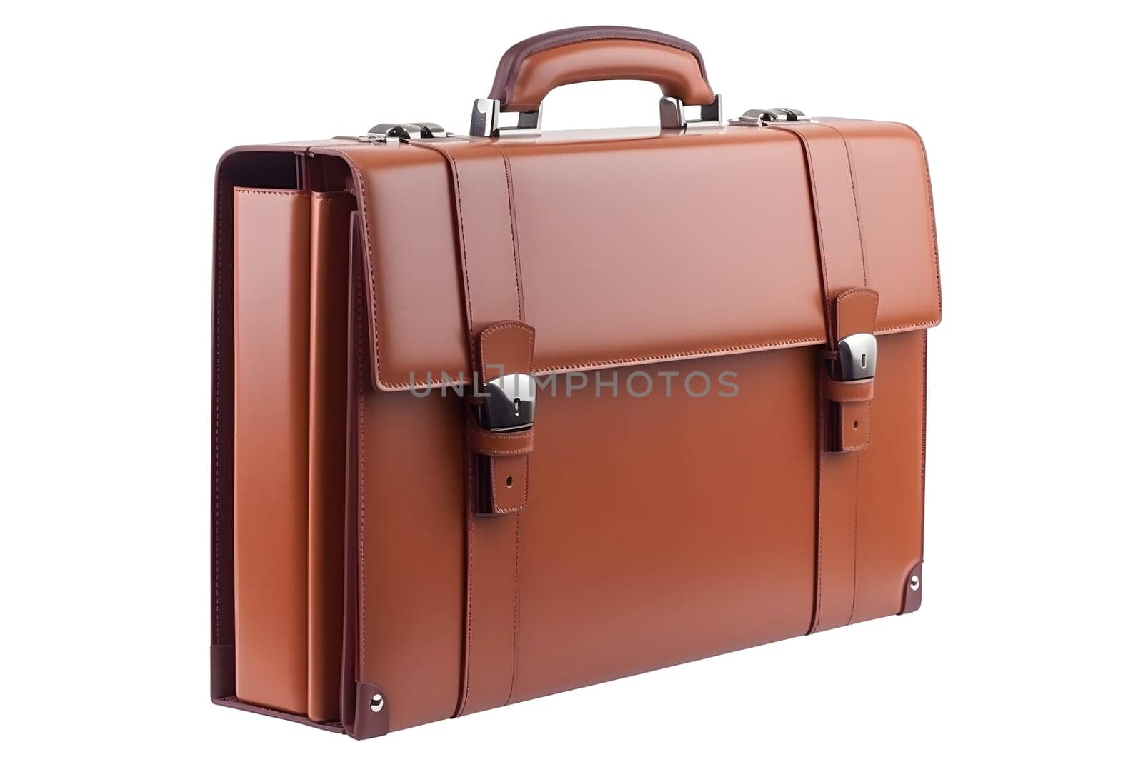 brown leather briefcase isolated on white background, perspective three quarter view, neural network generated image by z1b