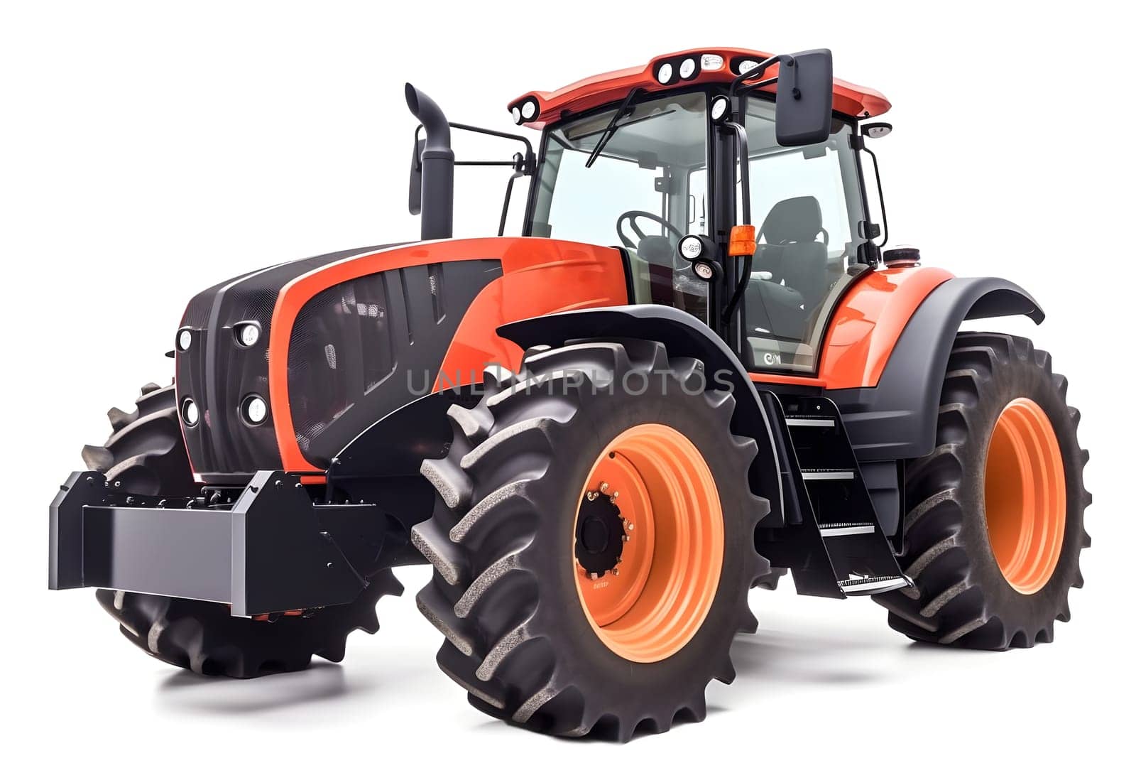 red and black colored contemporary argicultural tractor with orange wheel rims isolated on white background. Neural network generated in May 2023. Not based on any actual object, scene or pattern.