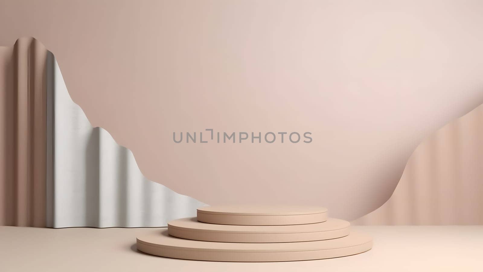 Empty space podium for product placement in pastel beige tone. Neural network generated in May 2023. Not based on any actual person, scene or pattern.
