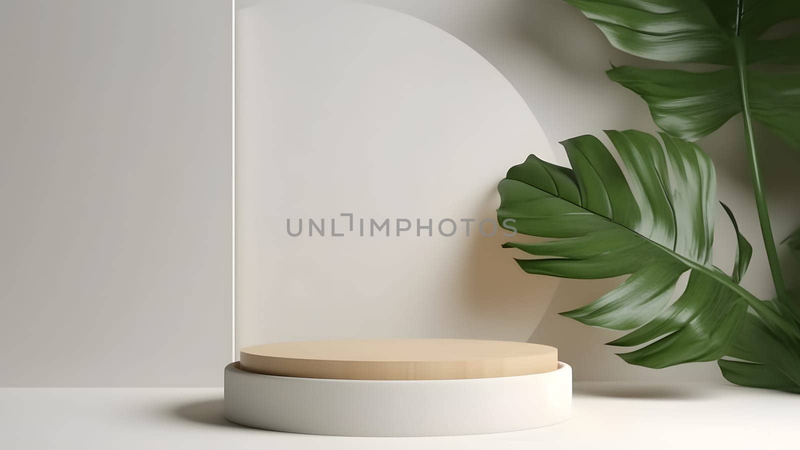 Empty space podium for product placement in white tones with green leaves on side. Neural network generated in May 2023. Not based on any actual person, scene or pattern.