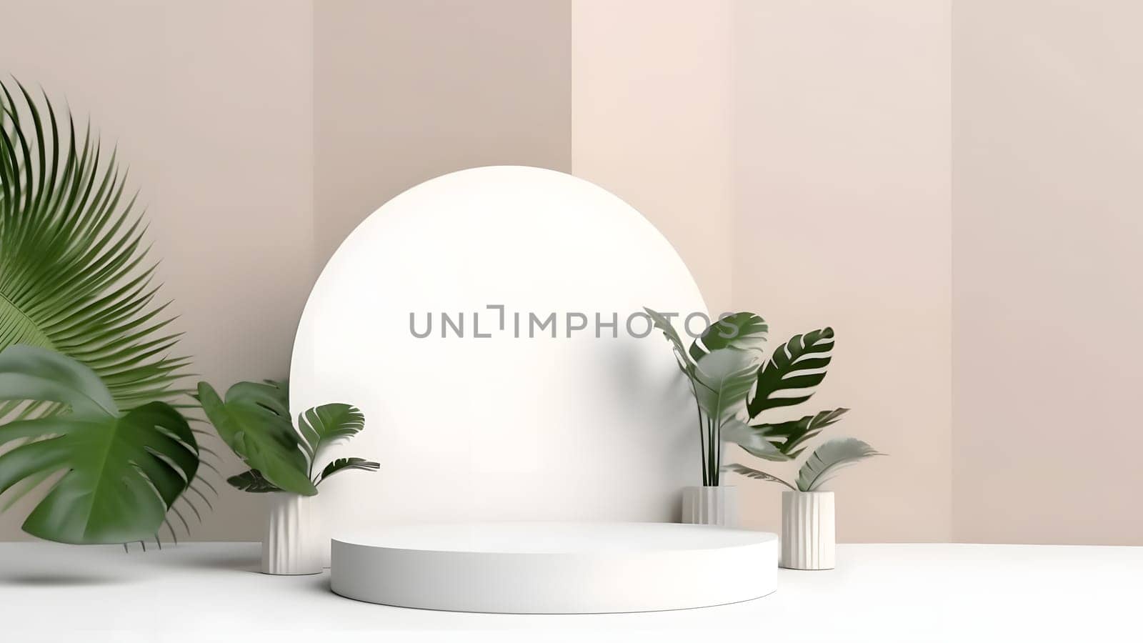 Empty space podium for product placement in white tones with green leaves on side. Neural network generated in May 2023. Not based on any actual person, scene or pattern.