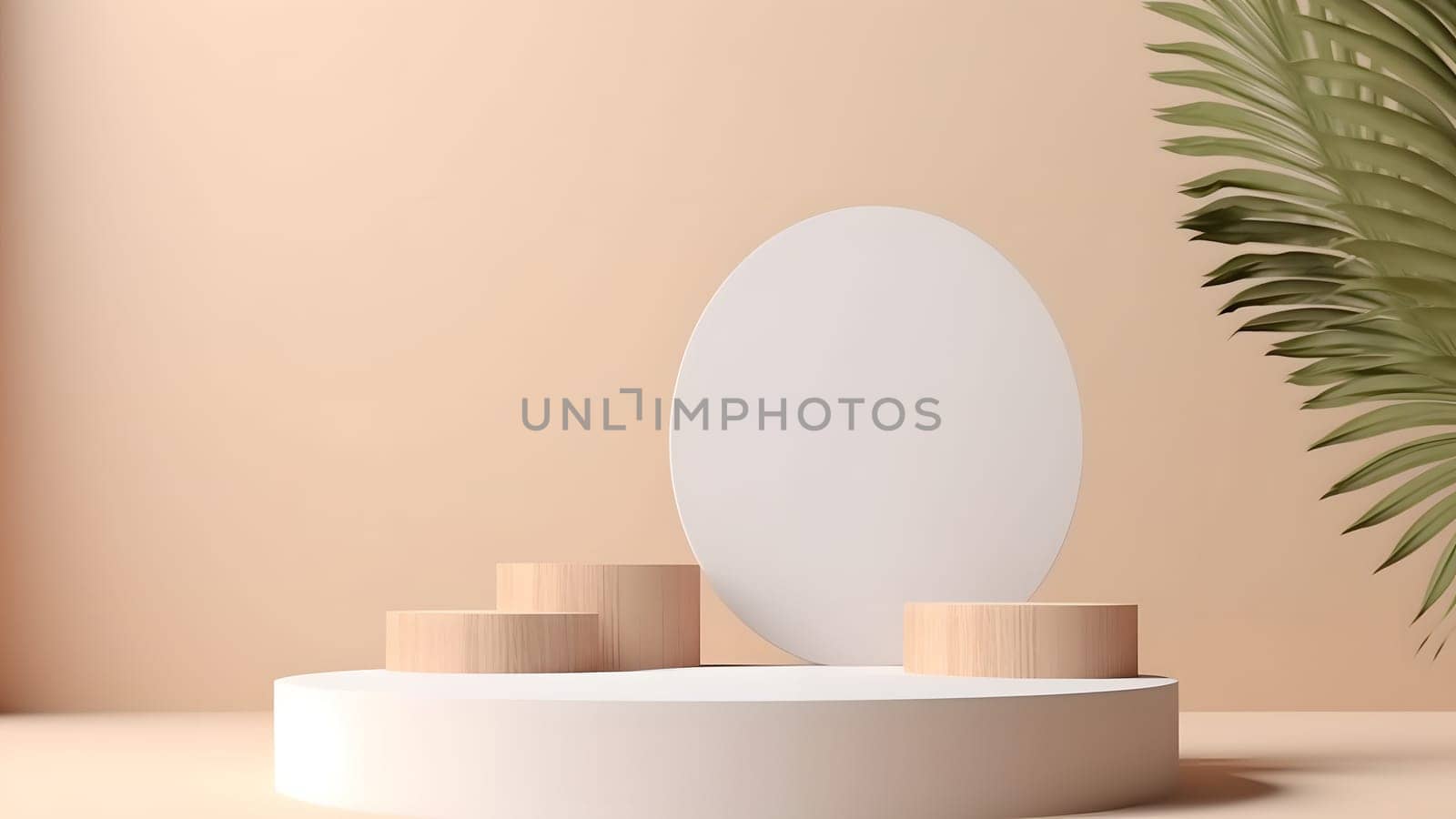 Empty beige space podium for product placement in front of beige wall and floor. Neural network generated in May 2023. Not based on any actual person, scene or pattern.
