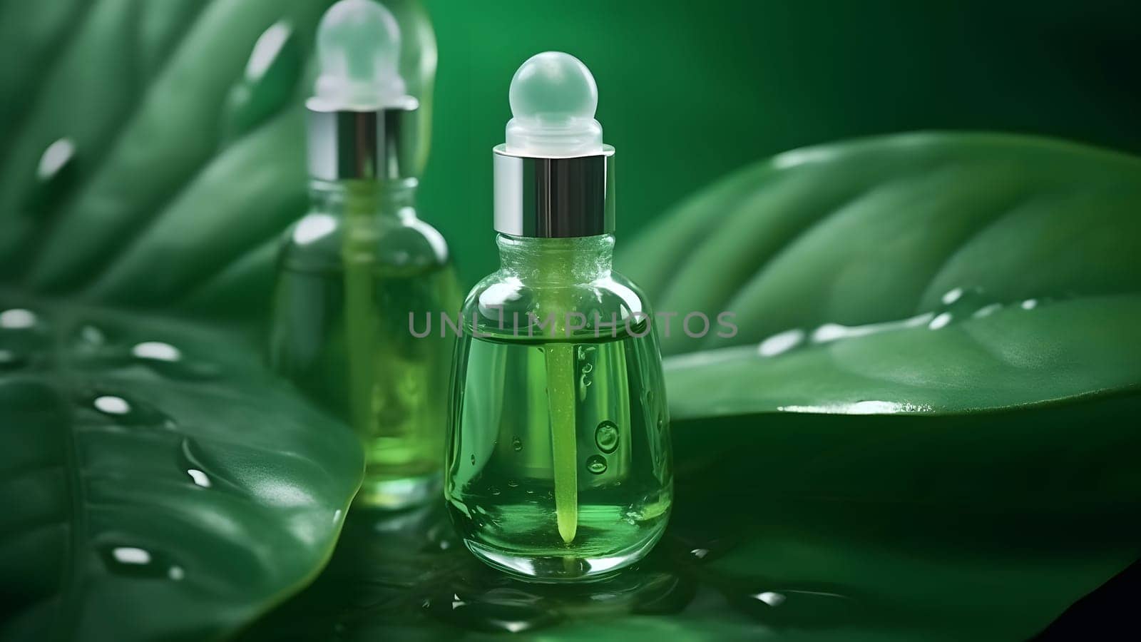 Two small green bottles with oil serum on a big green leaf with drops of water. Neural network generated in May 2023. Not based on any actual person, scene or pattern.
