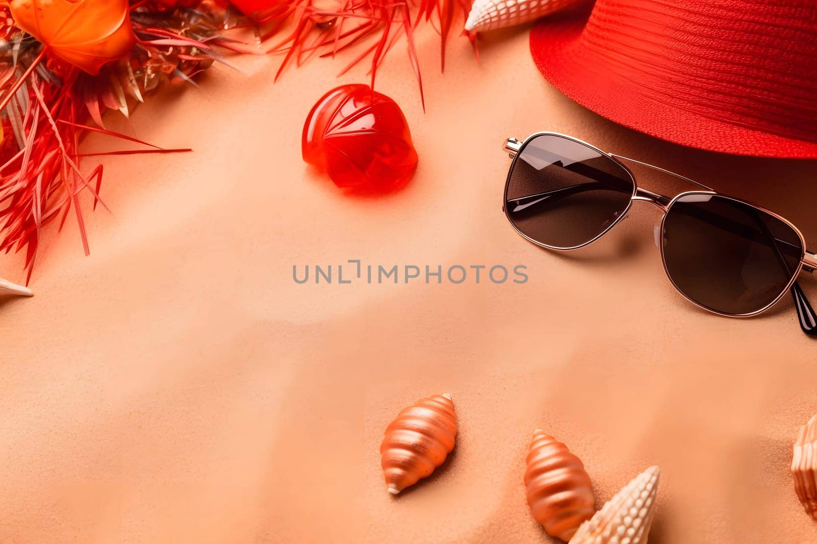 Holiday theme. Holiday accesories on sand - full frame background with. Neural network generated in May 2023. Not based on any actual person, scene or pattern.