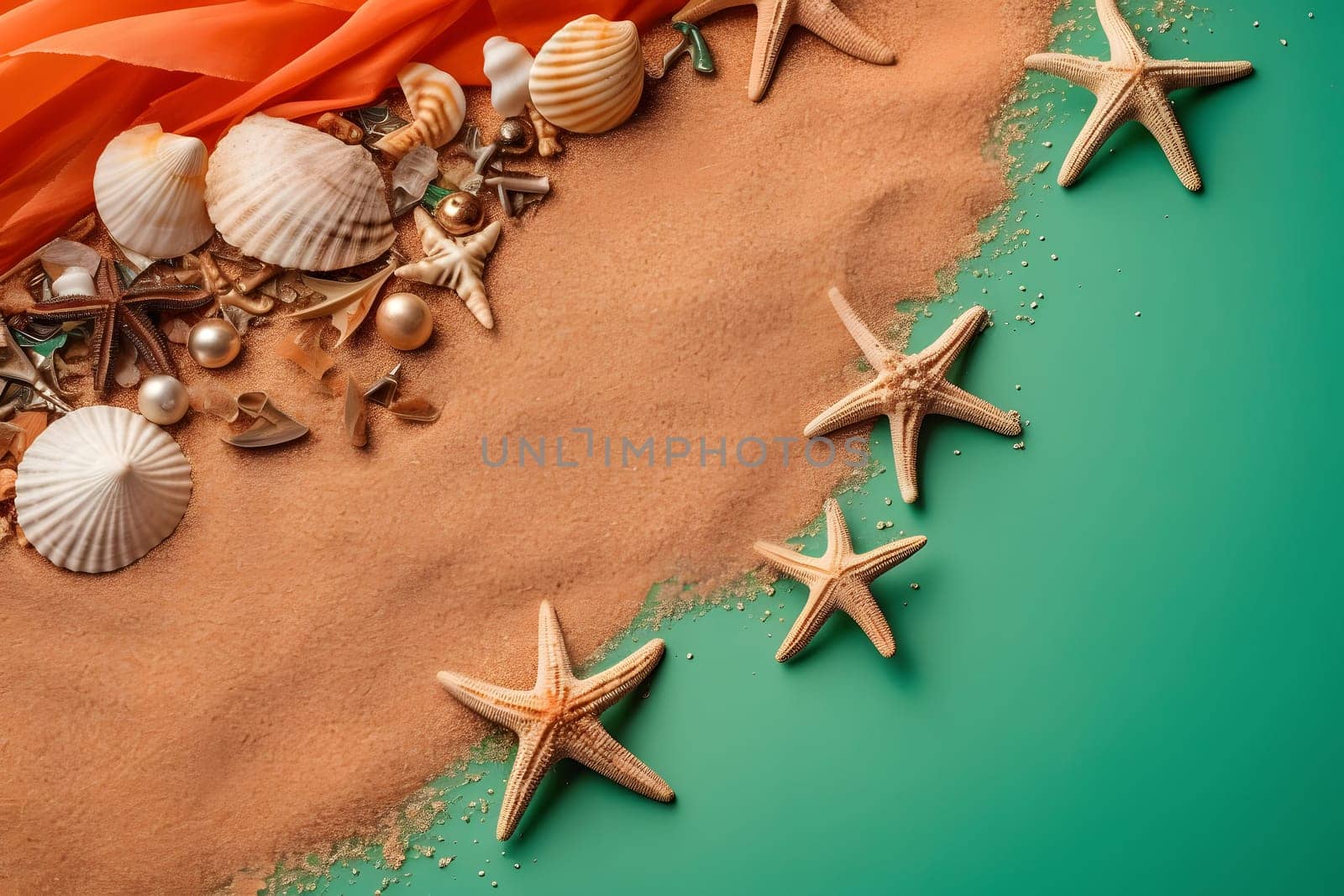 Holiday theme. Holiday accesories on sand - full frame background with, neural network generated image by z1b