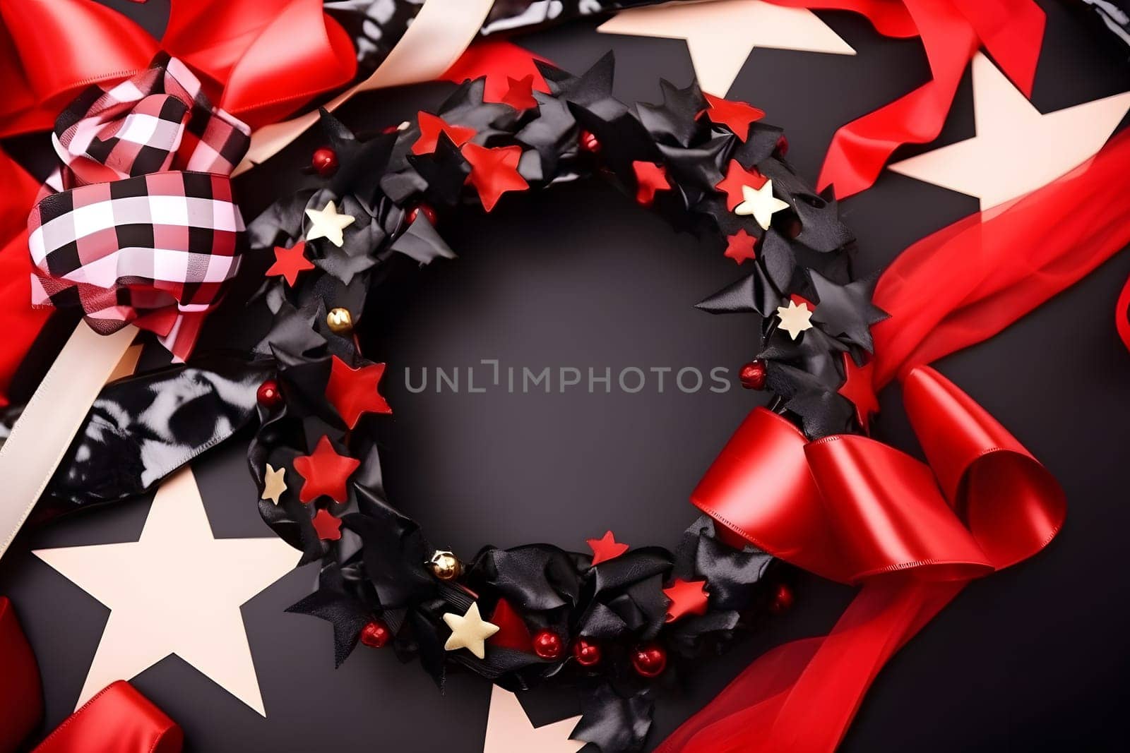 white, black, red stars and ribbons on black background - celebration background. Neural network generated in May 2023. Not based on any actual person, scene or pattern.