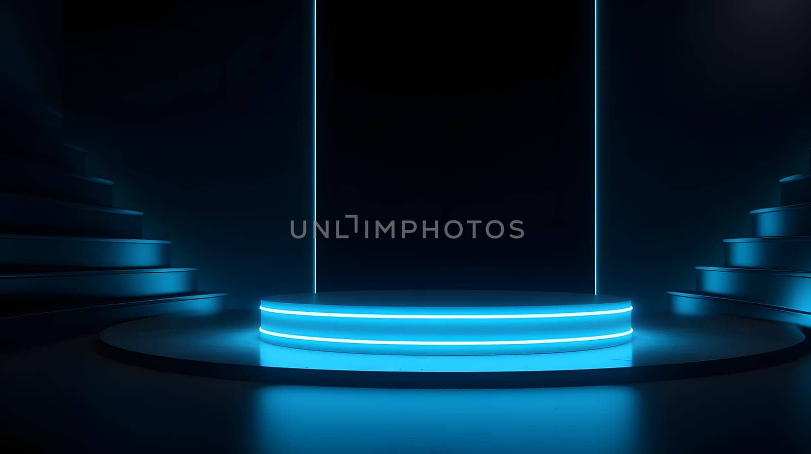 Empty space podium for product placement in dark neon style. Neural network generated in May 2023. Not based on any actual person, scene or pattern.