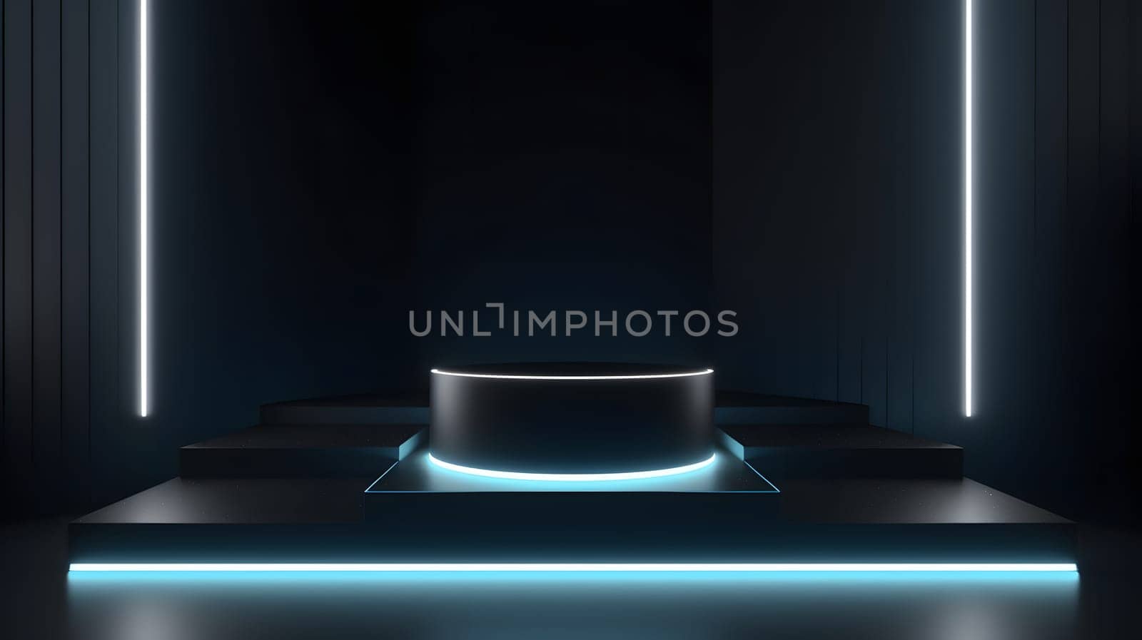 Empty space podium for product placement in dark neon style. Neural network generated in May 2023. Not based on any actual person, scene or pattern.