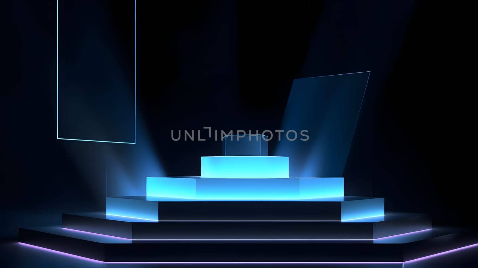 Empty space podium for product placement in dark neon style, neural network generated image by z1b