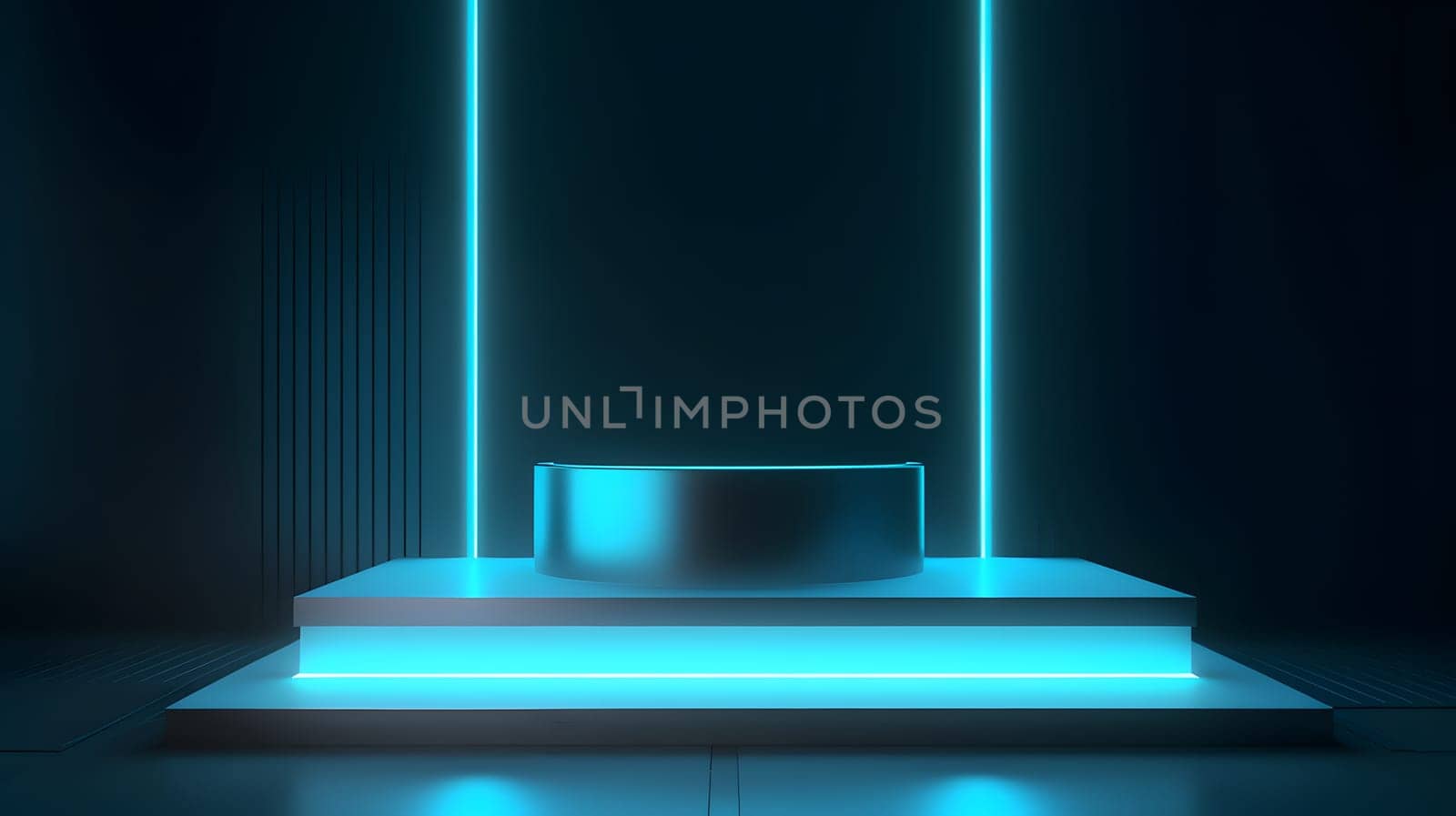 Empty space podium for product placement in dark neon style. Neural network generated in May 2023. Not based on any actual person, scene or pattern.