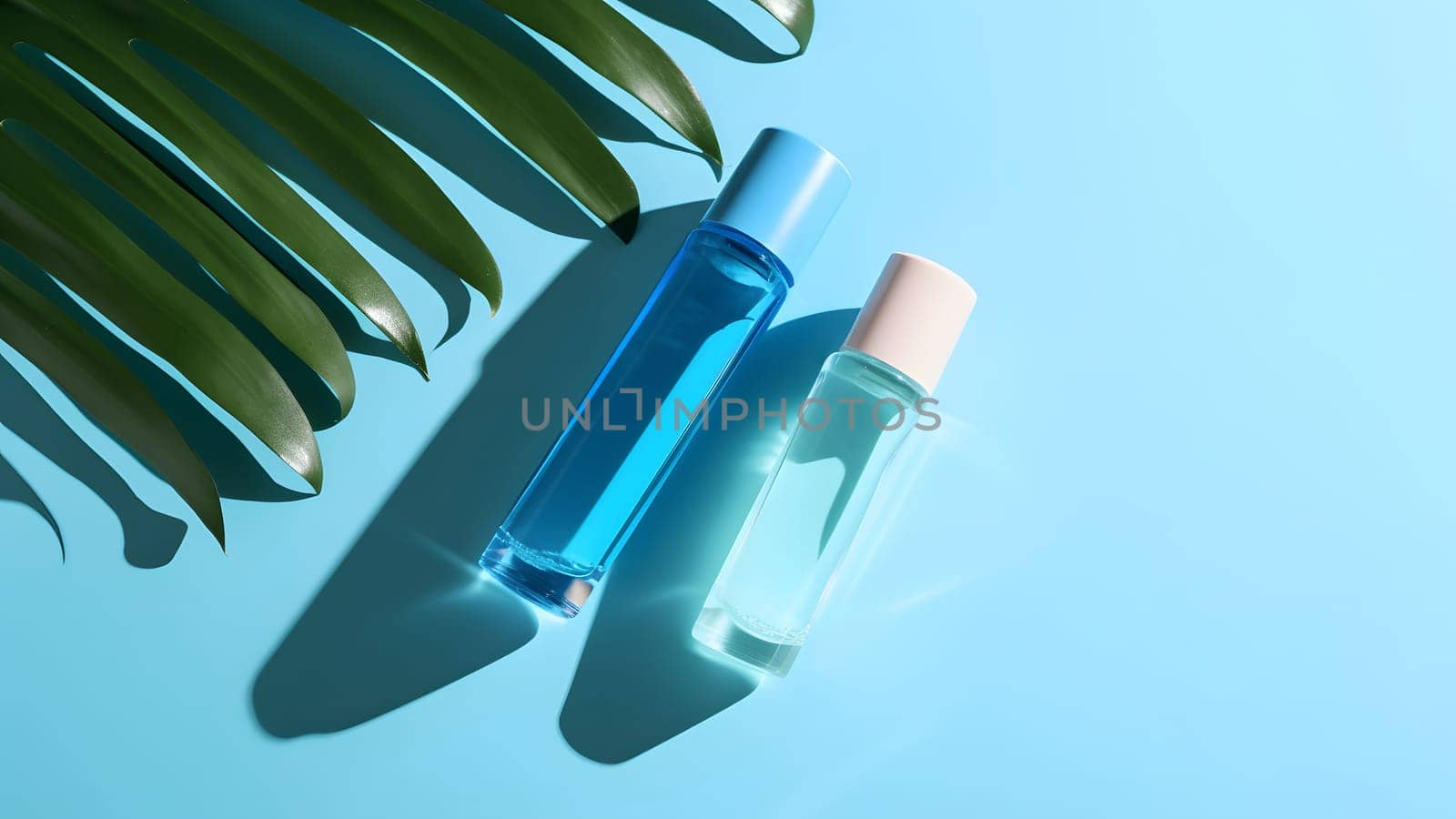Sunblock lotion or perfume bottles with palm leaf on light-blue background, neural network generated image by z1b