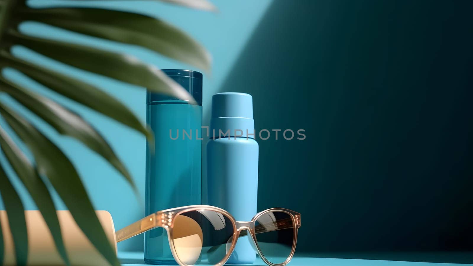 Sunblock lotion bottles and sunglasses with palm leaf on light-blue background. Neural network generated in May 2023. Not based on any actual person, scene or pattern.