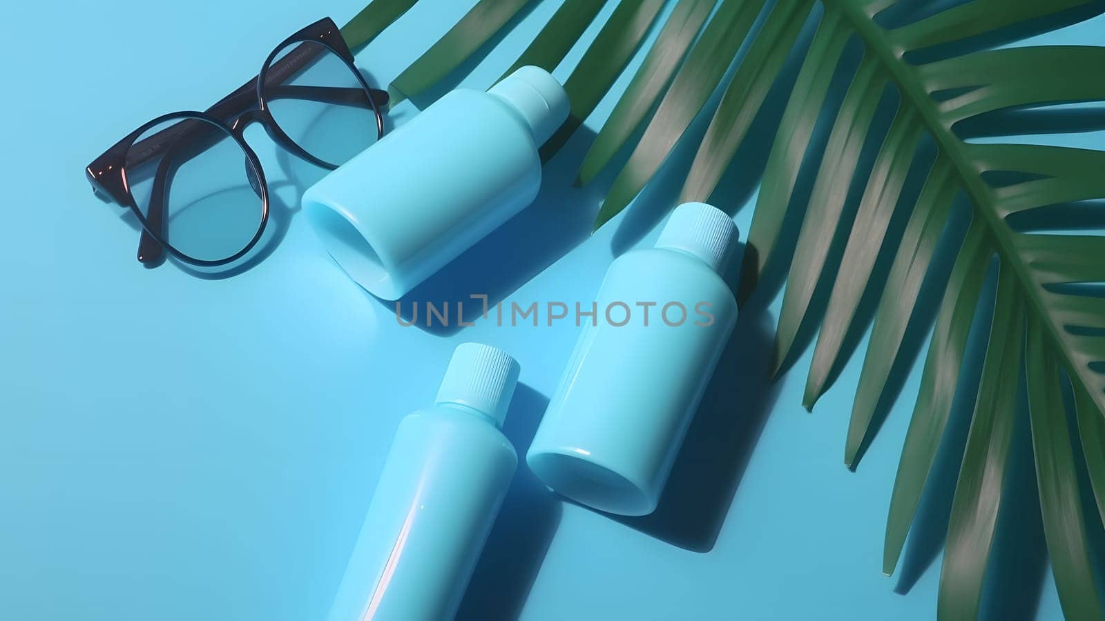 Sunblock lotion bottles and sunglasses with palm leaf on light-blue background, neural network generated image by z1b