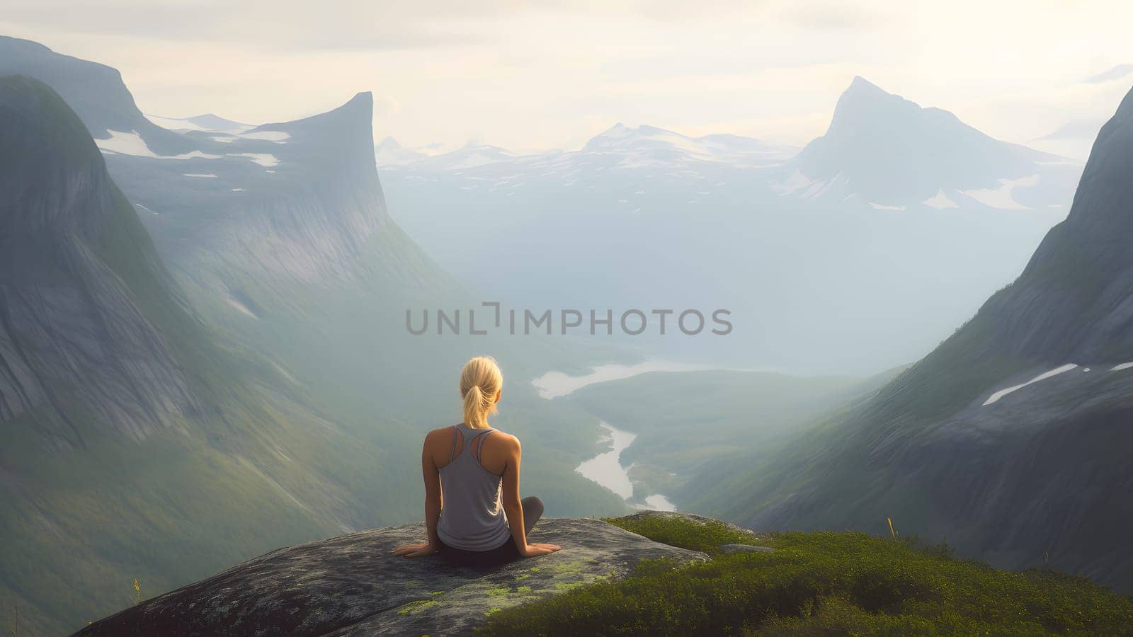 young caucasian woman sitting on cliff in front of valley between high mountains at misty summer morning. Neural network generated in May 2023. Not based on any actual person, scene or pattern.