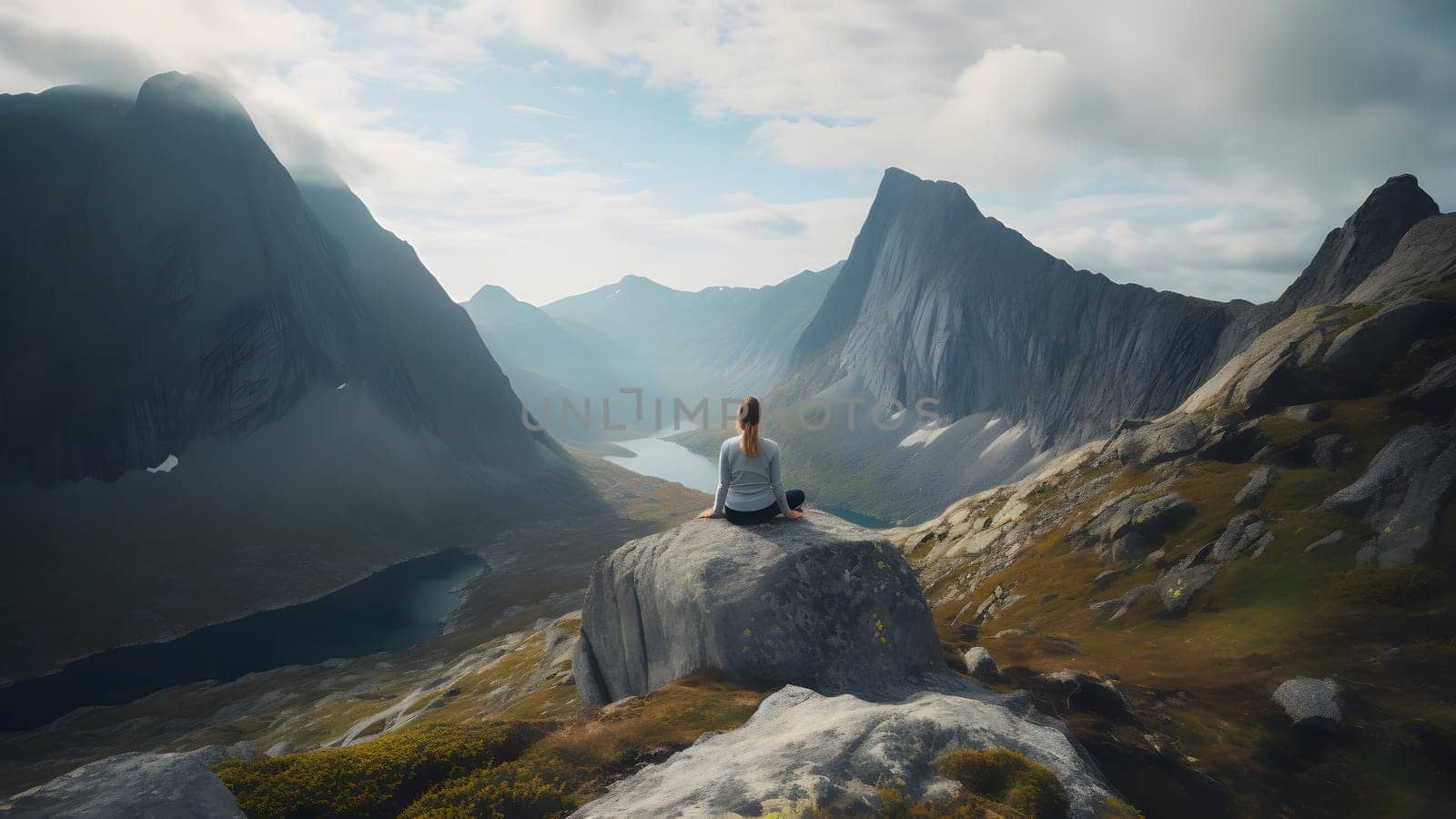 young caucasian woman sitting on cliff in front of valley between high mountains at misty summer morning. Neural network generated in May 2023. Not based on any actual person, scene or pattern.